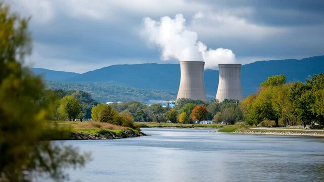 A scenic view showcasing the cooling towers of a nuclear power plant against a backdrop of mountains and clouds, representing energy production and environmental balance.