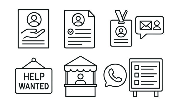 Line style icons of volunteer recruitment: join us flyer, sign-up form file, info session badge, invite message icon, help wanted sign, volunteer fair booth, outreach call bubble, open roles board.