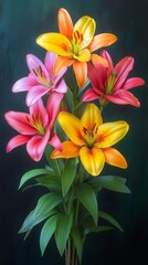 Vibrant colors including yellow, orange, and red are displayed by lily blossoms, which are set amongst dark green leaves