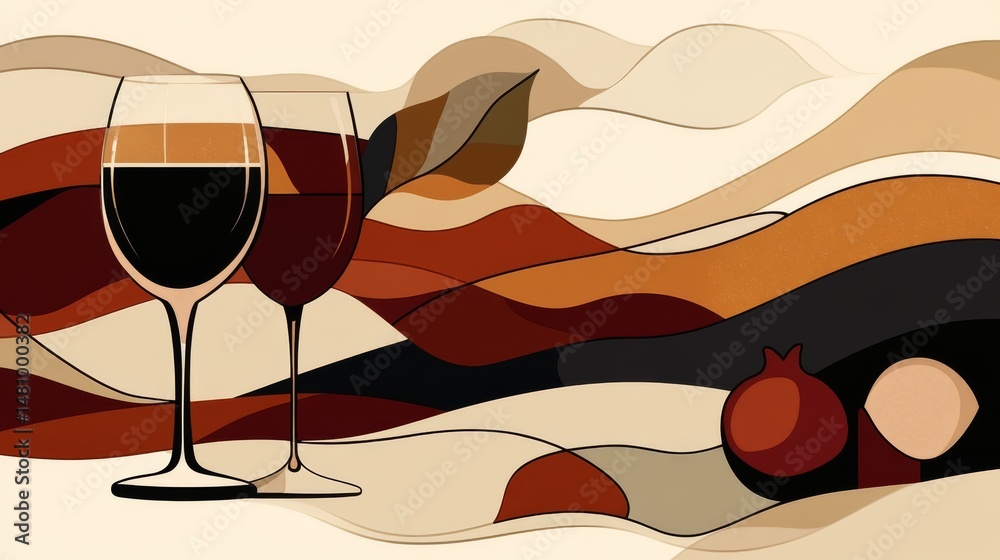 Poster next to a stack of flatbread, a wineglass containing red wine is placed, with a background that incl