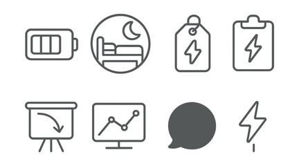 Line style icons of energy management: energy level icon, rest balance badge, morning boost tag, recharge time file, afternoon slump board, peak energy chart, low energy bubble, power up symbol.