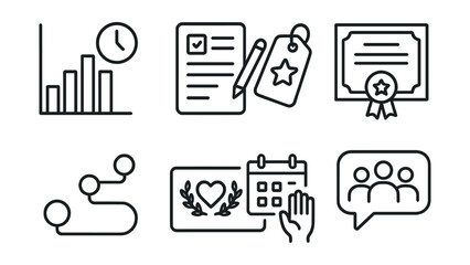 Line style icons of volunteer tracking and rewards: hours tracker chart, service log file, milestone badge tag, impact certificate icon, volunteer journey timeline, token of appreciation card,