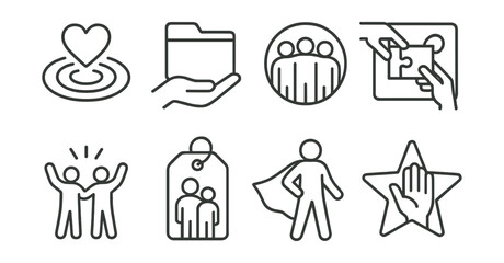 Line style icons of volunteer culture: kindness ripple icon, give what you can file, non-competitive team badge, shared effort board, celebrate together symbol, community over ego tag, everyday hero