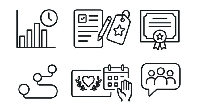 Line style icons of volunteer tracking and rewards: hours tracker chart, service log file, milestone badge tag, impact certificate icon, volunteer journey timeline, token of appreciation card, - Powered by Adobe