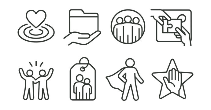 Line style icons of volunteer culture: kindness ripple icon, give what you can file, non-competitive team badge, shared effort board, celebrate together symbol, community over ego tag, everyday hero