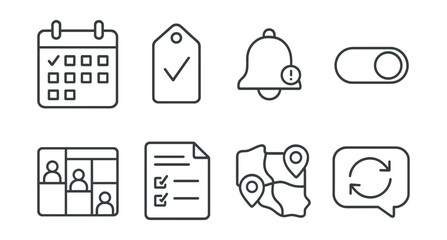 Line style icons of volunteer scheduling: calendar of shifts icon, weekly commitment tag, reminder alert badge, flexible hours toggle, group scheduling board, availability form file, shared coverage