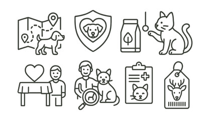 Fototapeta premium Line style icons of animal support volunteering: dog walking route map, shelter care badge, cat playtime icon, pet adoption event table, animal food packaging, vet visit companion file, lost pet