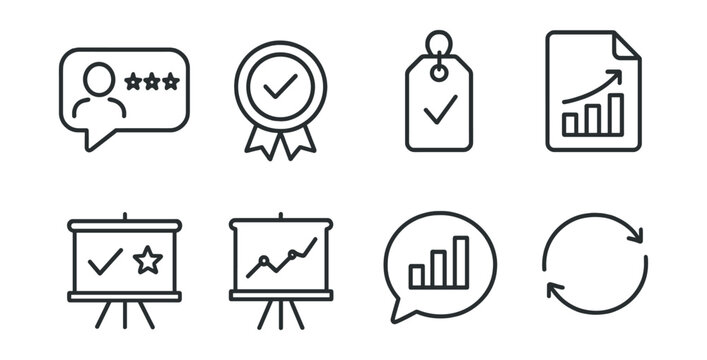 Line style icons of tracking and feedback: feedback icon, progress review badge, daily log tag, performance update file, success evaluation board, review meeting chart, results summary bubble,