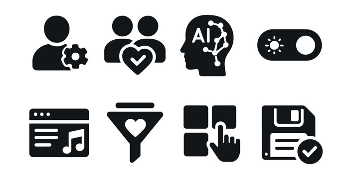 Solid style icons of UX personalization: user setting, profile match, AI adapt, theme toggle, content tune, interest filter, layout pick, preference save.
