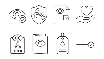 Line style icons of tissue and eye donation: cornea donation icon, tissue transplant badge, donor consent form, after-life gift symbol, recipient vision chart, donor awareness file, tissue bank tag,