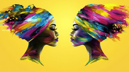 Obraz premium Against a warm yellow background adorned with stylized leaves and geometric shapes, silhouetted figures of a man and a woman are depicted