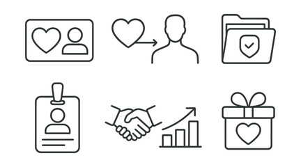 Line style icons of organ donation: heart donor card, organ transplant icon, donor registry form, medical compatibility file, living donor badge, transplant success chart, donor + recipient handshake
