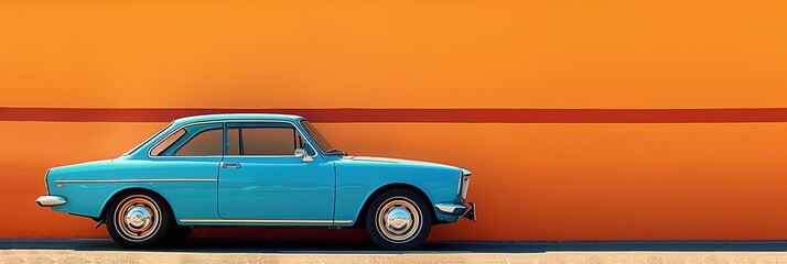 side view old retro blue car standing on bright orange background with copy space