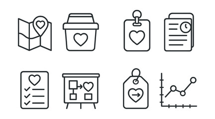 Line style icons of donation logistics: donation site map, transport cooler icon, chain of custody badge, scheduled pickup file, donor prep checklist, processing center board, route to hospital tag,