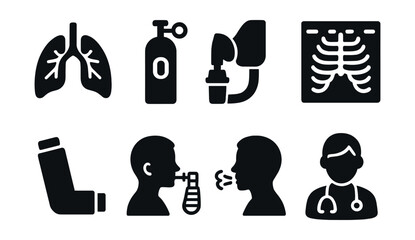 Fototapeta na wymiar Solid style icons of respiratory care: lungs icon, oxygen tank, nebulizer, chest x-ray, asthma inhaler, spirometry, breath test, respiratory therapist.