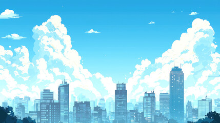 Pixel art cityscape under a bright blue sky with puffy clouds