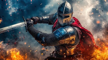 Medieval knight in battle dynamic action pose with sword and fire