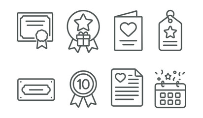 Line style icons of donor appreciation: donor thank-you certificate, milestone gift badge, personalized message card, honor roll tag, donor wall name file, badge for years of service, appreciation