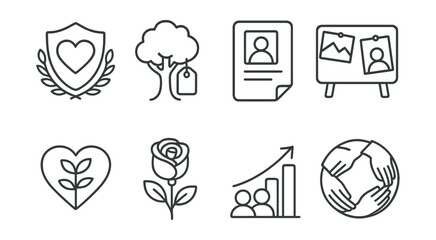 Line style icons of donor families and legacy: donor family support badge, memorial tree tag, tribute story file, photo memory board, legacy of life heart, donor rose symbol, gratitude to family
