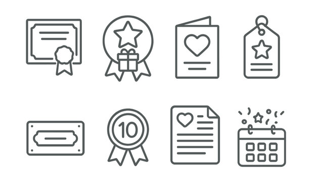 Line style icons of donor appreciation: donor thank-you certificate, milestone gift badge, personalized message card, honor roll tag, donor wall name file, badge for years of service, appreciation