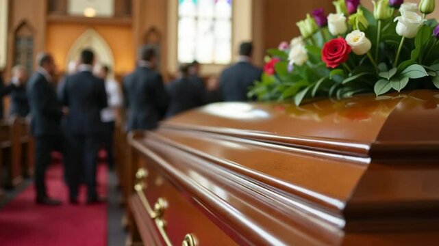 Wooden casket at funeral service, church interior, somber mood, grief and mourning