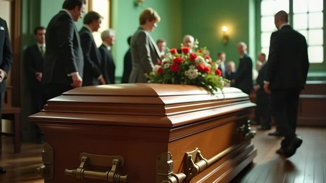 Mourners at a funeral service in a chapel