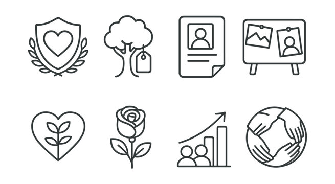 Line style icons of donor families and legacy: donor family support badge, memorial tree tag, tribute story file, photo memory board, legacy of life heart, donor rose symbol, gratitude to family