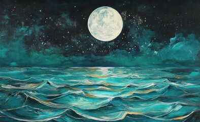 A serene night seascape with a full moon