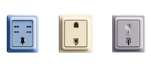 Set of different electrical outlets and switches. Each element is separately isolated