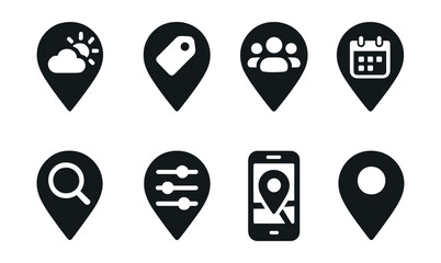 Solid style icons of location-based apps: weather at location, local deals, find friends, nearby events, area search, location filters, mobile map, place icon.