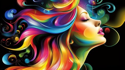 The profile of a ballerina is showcased in an abstract digital illustration, characterized by its use of bright hues and galactic-themed cosmetics on a black background
