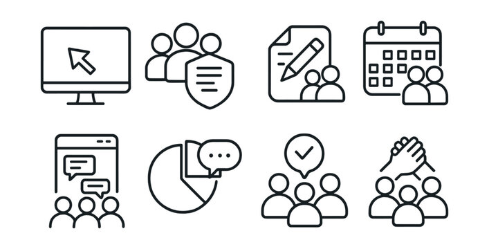 Line style icons of group collaboration tools: shared screen icon, team document badge, co-edit tag, shared calendar file, team chat board, real-time comment chart, team action bubble, collaborative