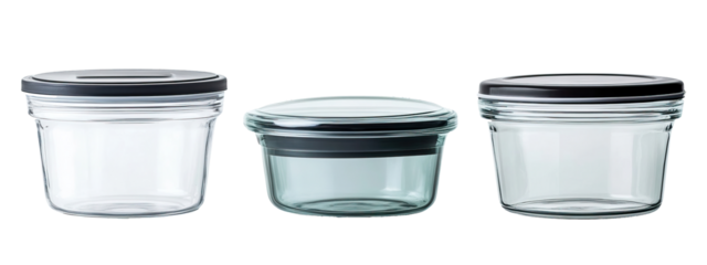 Set of three different glass food storage containers. Each element is separately isolated
