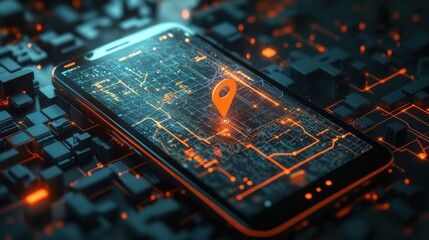 Glowing Digital Map Location on Smartphone Screen
