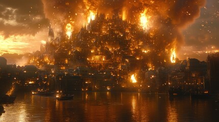 Naklejka premium Fiery cityscape at sunset burning buildings water reflection destruction