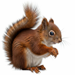 Fototapeta premium A red squirrel holding a nut in its tiny paws, fluffy tail arched behind, detailed fur texture, alert eyes, white background, natural forest animal feel