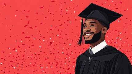 In a festive illustration, a bearded graduate student wearing a mortarboard is depicted with a smile during a celebration, as confetti floats around him