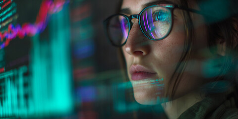 Close-up of woman with glasses, face partially obscured by teal and purple screen glow, suggesting data analysis or technology focus