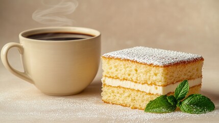 Fototapeta premium On a saucer, a spoon is provided with a coffee cup sitting beside a slice of cake that is covered in powdered sugar and mint