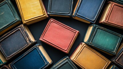 Fototapeta premium Colorful books arranged on a dark reflective surface with abstract circular shapes in the background create a dramatic scene