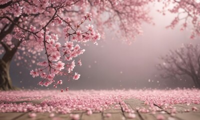 Soft pink sakura petals descend against a blurry, dreamy backdrop  ,  close-up,  light