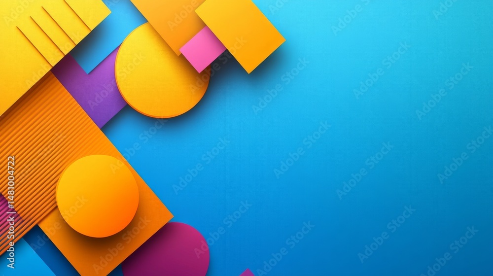 Poster abstract geometric art displays an array of spheres, rectangles, and lines with multiple colors on a