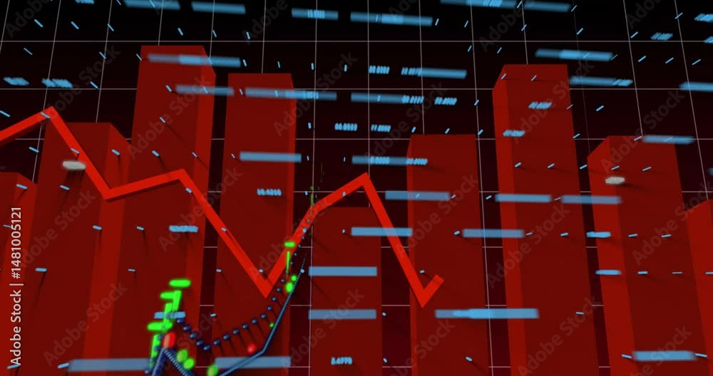 Poster red 3d bars showing data growth, zigzagging line connecting colored data points above grid labels