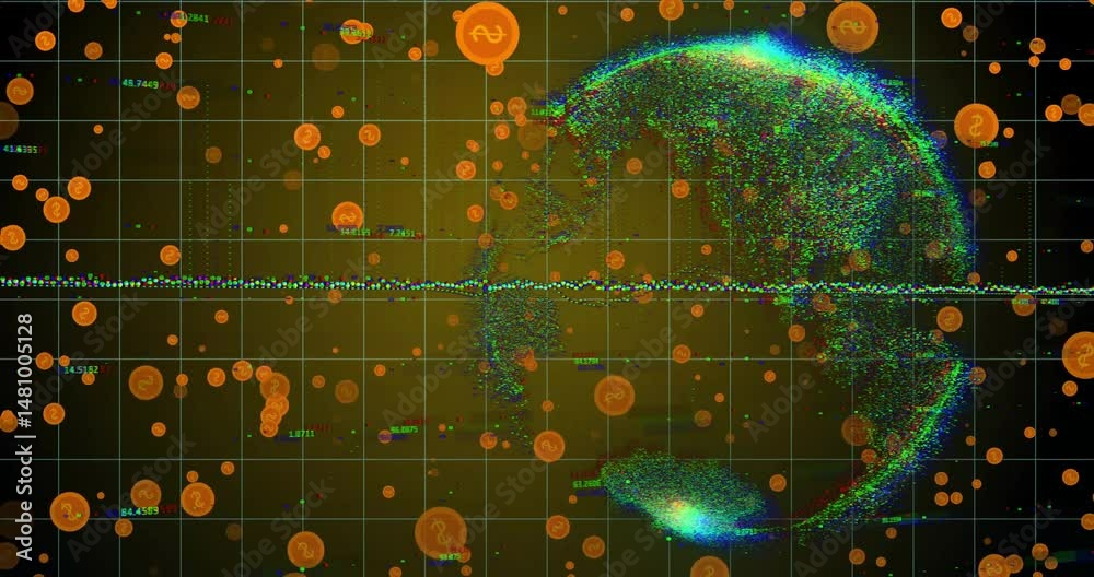 Poster rendering multicolored hemisphere cluster on grid with numeric labels, coin icons and dot band