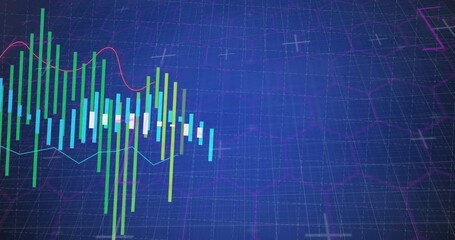 Candlestick chart bars dancing on flat design grid, showing overlaid red and turquoise line data - Powered by Adobe