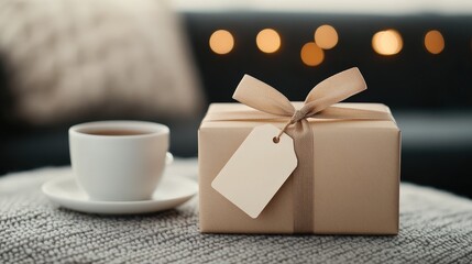 Warm Coffee and Wrapped Gift on Cozy Surface with Soft Lights