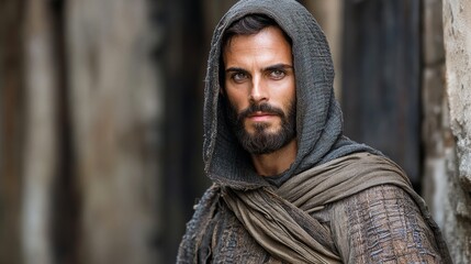 Fototapeta premium A dark background sets the scene for Jesus, who is dressed in a hooded robe and gazes towards the light with a solemn expression