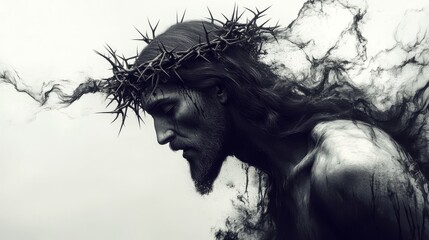 Fototapeta premium A crown of thorns adorns Jesus' head, which is bowed, and he is set against a bright background surrounded by a subtle scattering of ethereal dust particles