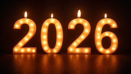 Illuminated 2026 candles glowing against dark background