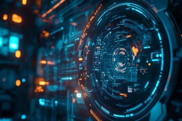 Futuristic digital interface with advanced surveillance technology and CCTV camera for security monitoring